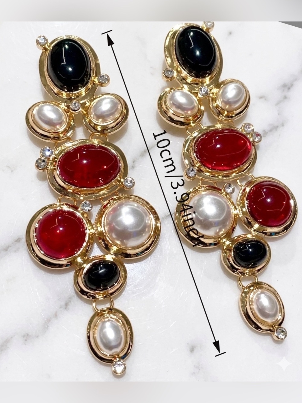 Vintage Glam Statement Earrings | Red, Black & Pearl Drop | Gold Tone - Picture 4 of 4